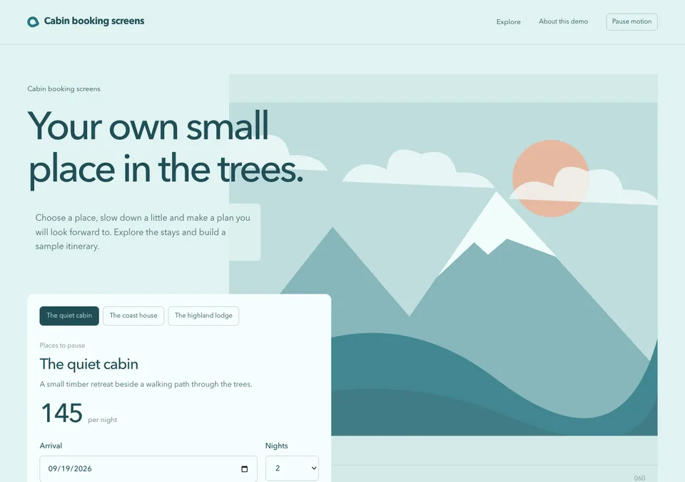 Cabin booking screens preview