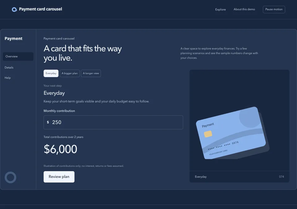 Payment card carousel preview
