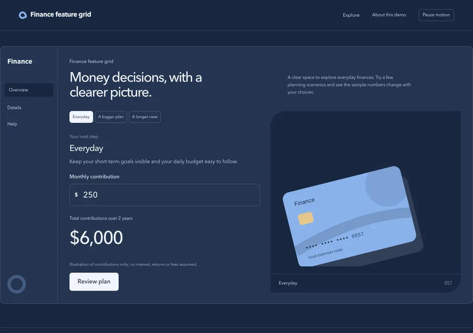 Finance feature grid preview